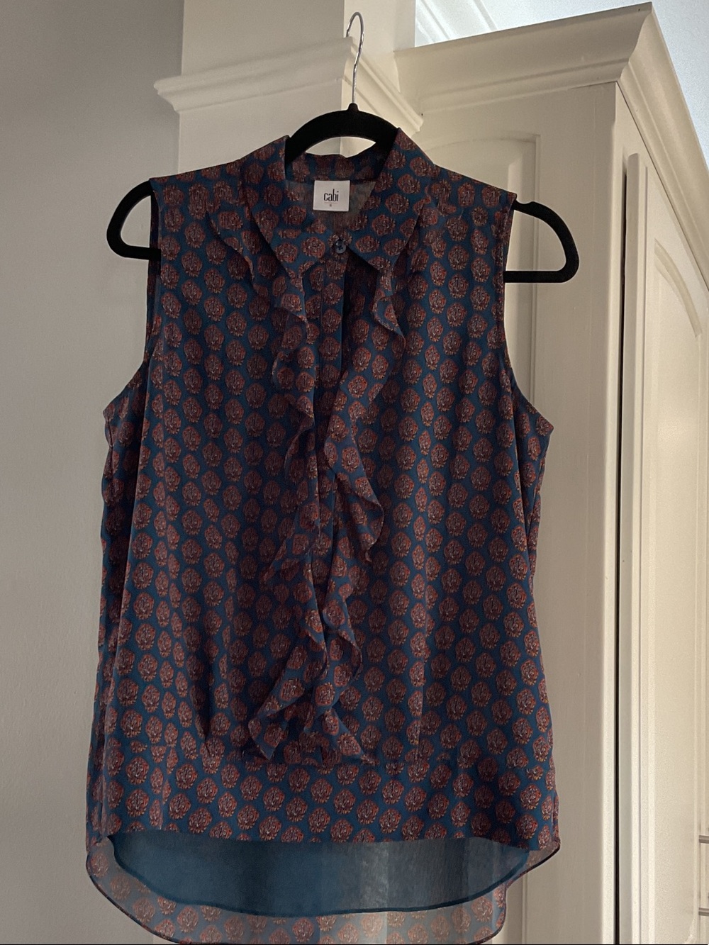 CAbi Peacock and Orange Ruffle-Front Sleeveless Button Collar Blouse